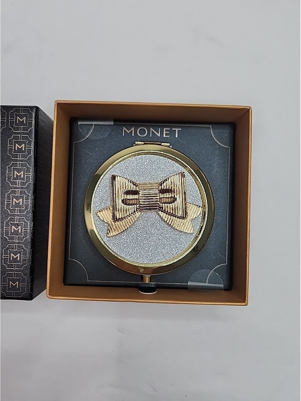 Monet Compact Make up Purse Mirror w/ Decorative Crystal Bow Pattern New In Box